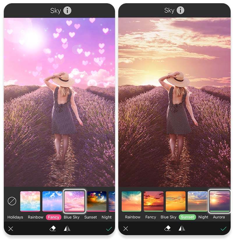 App内的预设滤镜选择非常多，如星光灿烂的夜晚、彩虹效果甚至连白云效果也能复制，制作属于你独一无二的天空。 图源：perfectcorp